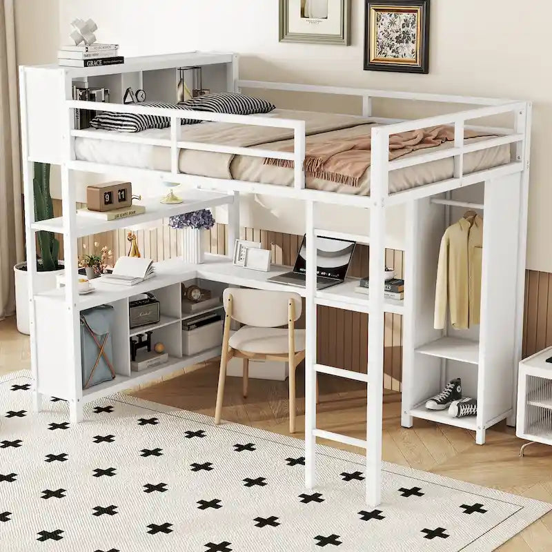 Lit mezzanine en métal avec armoire et bureau en L