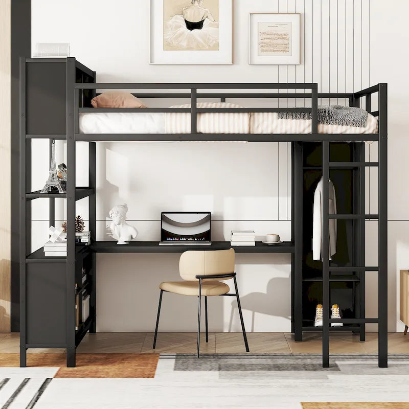 Lit mezzanine en métal avec armoire et bureau en L