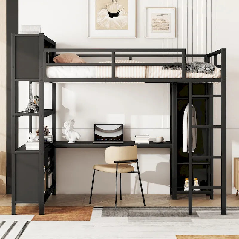 Lit mezzanine en métal avec armoire et bureau en L