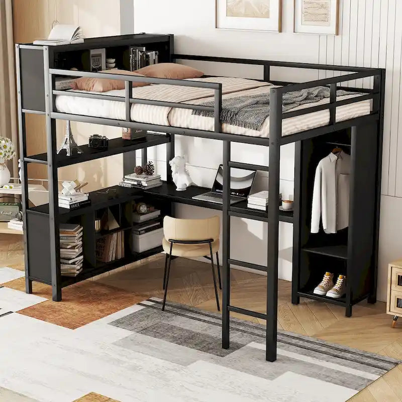 Lit mezzanine en métal avec armoire et bureau en L