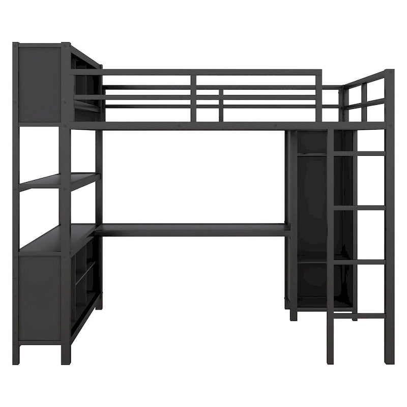 Lit mezzanine en métal avec armoire et bureau en L