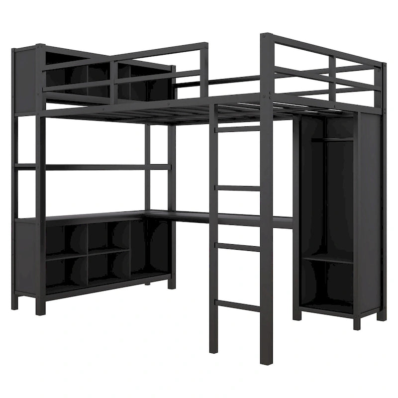 Lit mezzanine en métal avec armoire et bureau en L