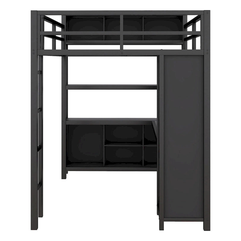 Lit mezzanine en métal avec armoire et bureau en L