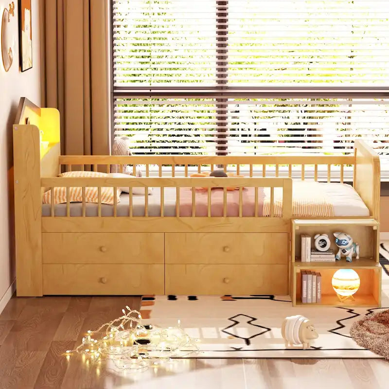 Lit mezzanine bas avec lumières LED, lit mezzanine double en bois avec tête de lit en forme de maison, lit mezzanine enfant avec tiroirs de rangement