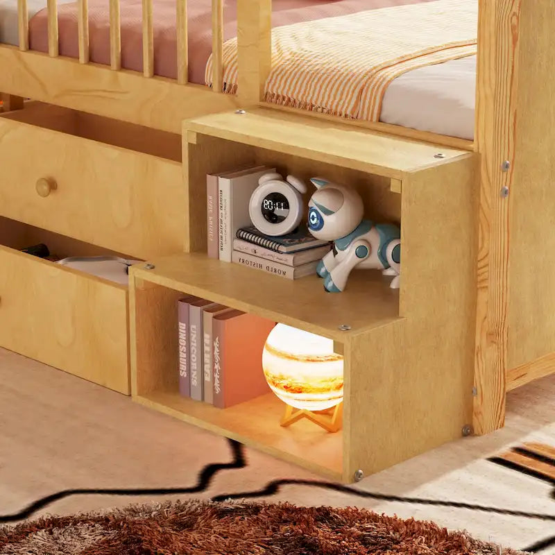 Lit mezzanine bas avec lumières LED, lit mezzanine double en bois avec tête de lit en forme de maison, lit mezzanine enfant avec tiroirs de rangement