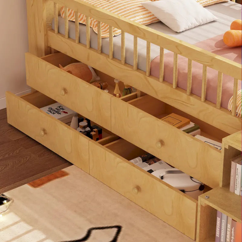 Lit mezzanine bas avec lumières LED, lit mezzanine double en bois avec tête de lit en forme de maison, lit mezzanine enfant avec tiroirs de rangement