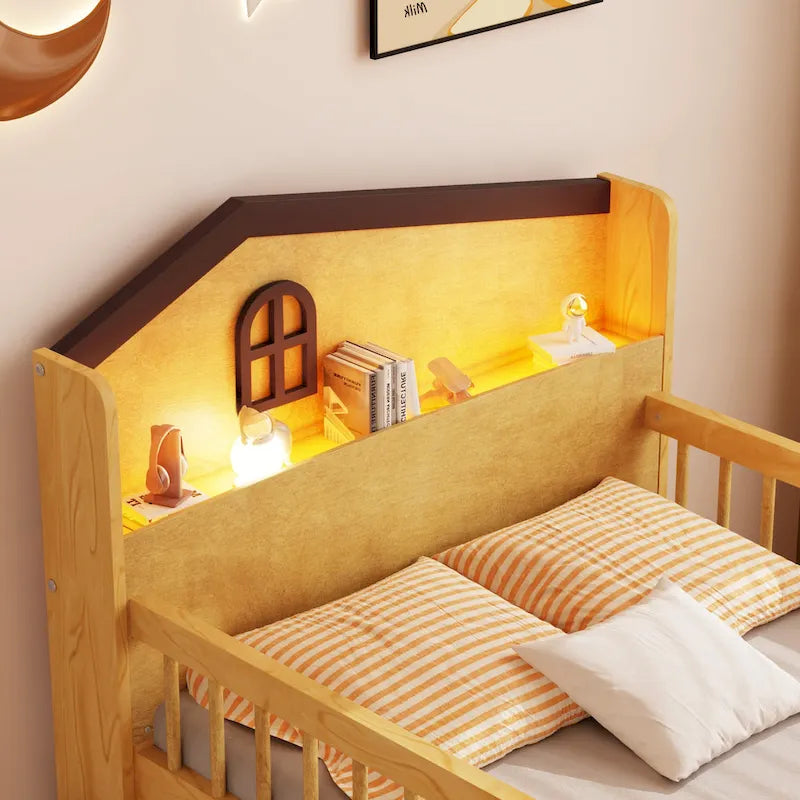 Lit mezzanine bas avec lumières LED, lit mezzanine double en bois avec tête de lit en forme de maison, lit mezzanine enfant avec tiroirs de rangement