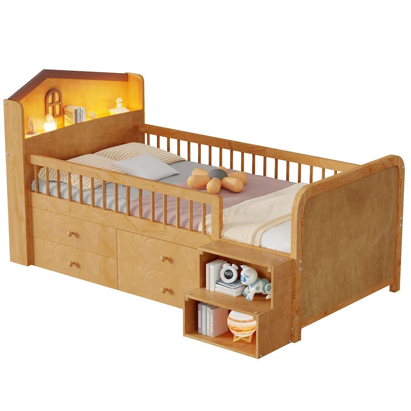 Lit mezzanine bas avec lumières LED, lit mezzanine double en bois avec tête de lit en forme de maison, lit mezzanine enfant avec tiroirs de rangement