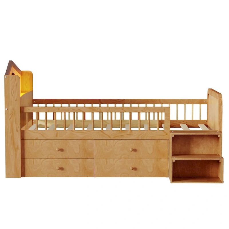 Lit mezzanine bas avec lumières LED, lit mezzanine double en bois avec tête de lit en forme de maison, lit mezzanine enfant avec tiroirs de rangement