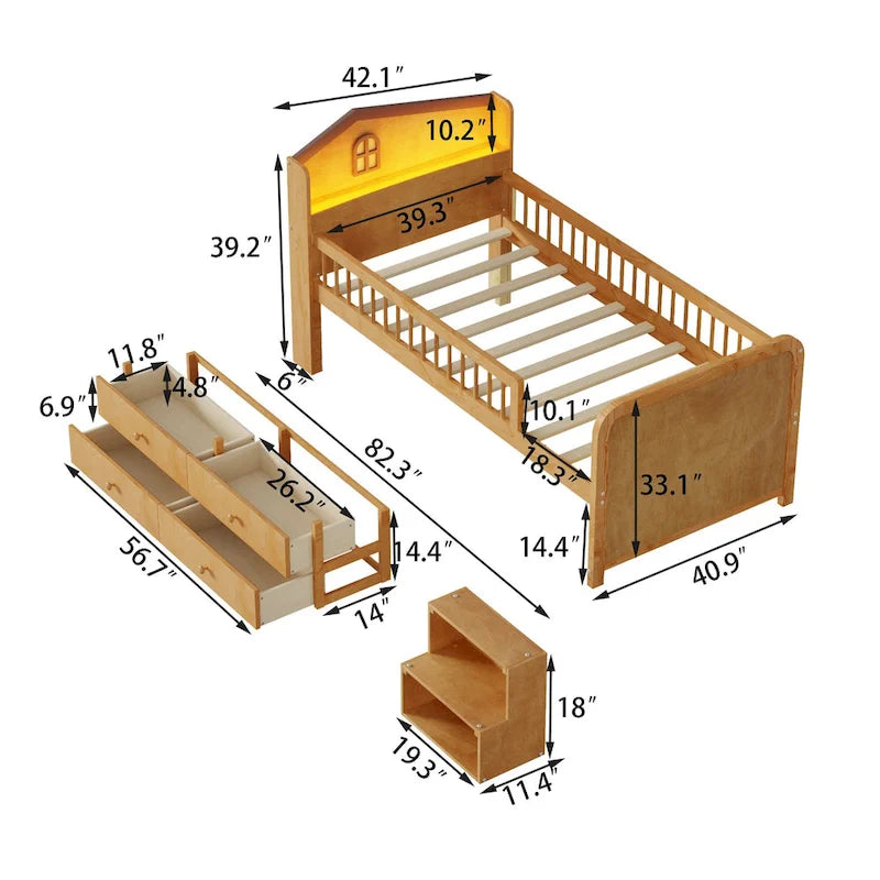 Lit mezzanine bas avec lumières LED, lit mezzanine double en bois avec tête de lit en forme de maison, lit mezzanine enfant avec tiroirs de rangement