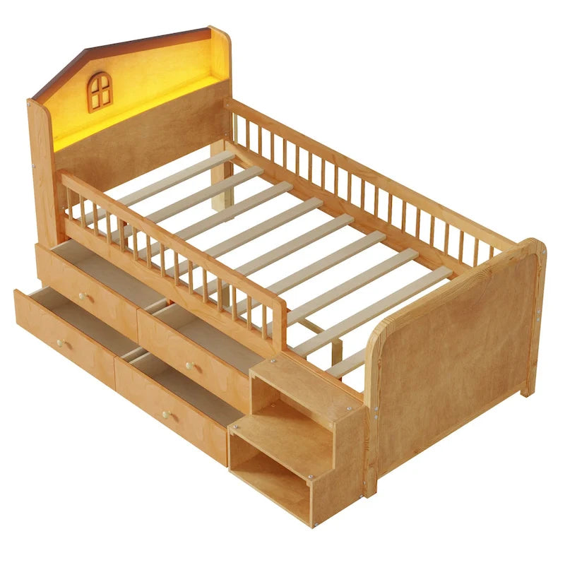 Lit mezzanine bas avec lumières LED, lit mezzanine double en bois avec tête de lit en forme de maison, lit mezzanine enfant avec tiroirs de rangement