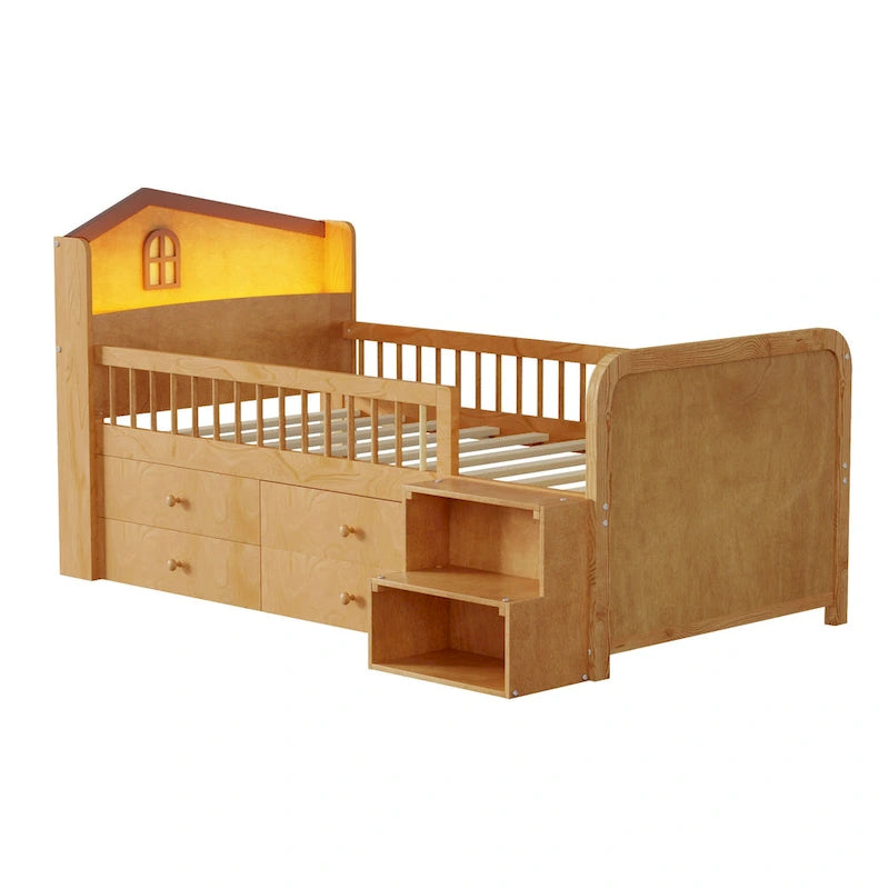 Lit mezzanine bas avec lumières LED, lit mezzanine double en bois avec tête de lit en forme de maison, lit mezzanine enfant avec tiroirs de rangement