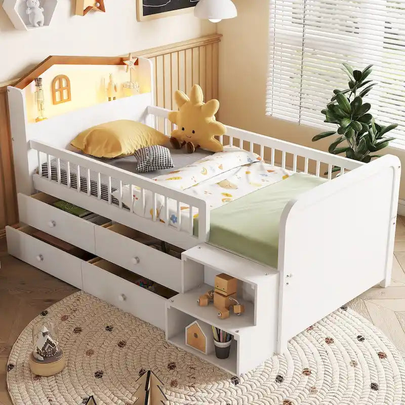 Lit mezzanine bas avec lumières LED, lit mezzanine double en bois avec tête de lit en forme de maison, lit mezzanine enfant avec tiroirs de rangement