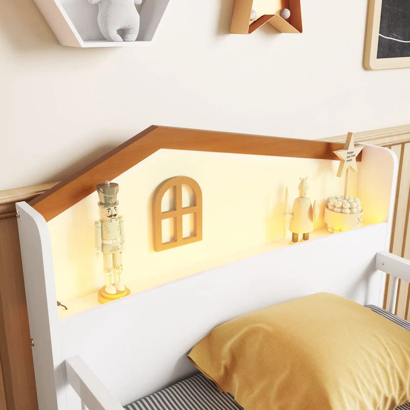 Lit mezzanine bas avec lumières LED, lit mezzanine double en bois avec tête de lit en forme de maison, lit mezzanine enfant avec tiroirs de rangement