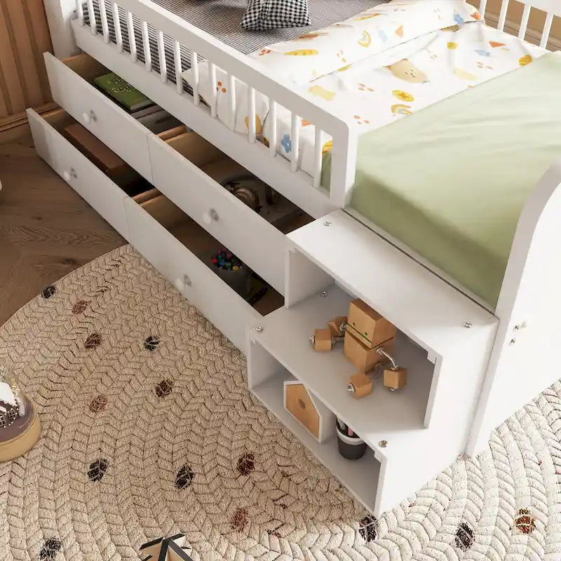 Lit mezzanine bas avec lumières LED, lit mezzanine double en bois avec tête de lit en forme de maison, lit mezzanine enfant avec tiroirs de rangement