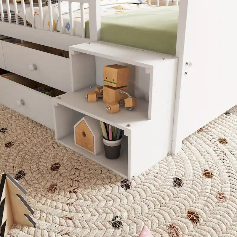 Lit mezzanine bas avec lumières LED, lit mezzanine double en bois avec tête de lit en forme de maison, lit mezzanine enfant avec tiroirs de rangement