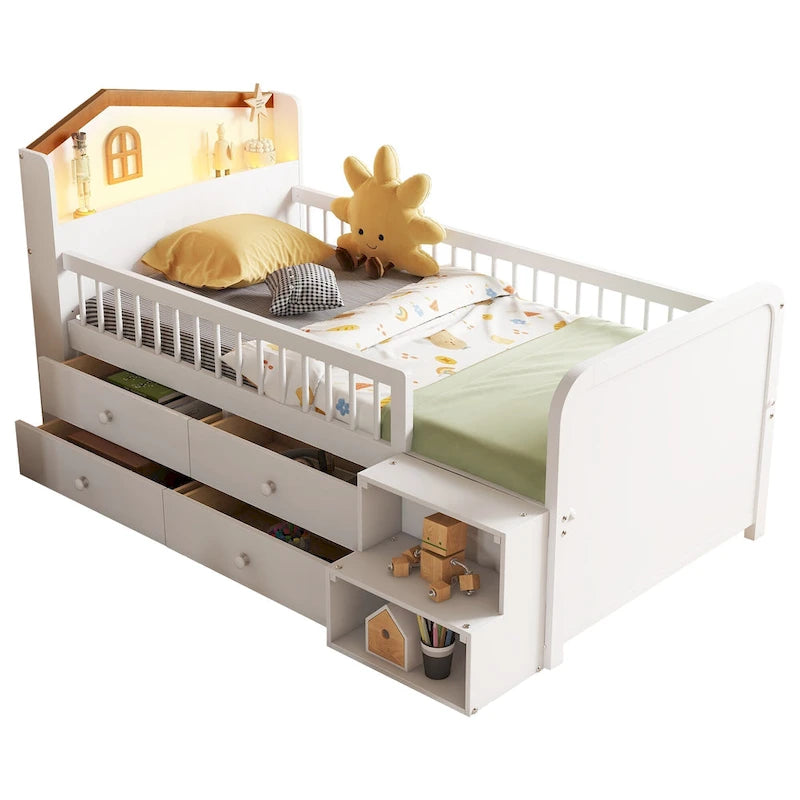 Lit mezzanine bas avec lumières LED, lit mezzanine double en bois avec tête de lit en forme de maison, lit mezzanine enfant avec tiroirs de rangement