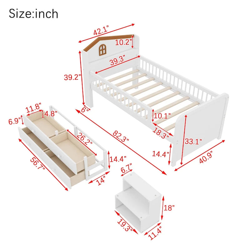 Lit mezzanine bas avec lumières LED, lit mezzanine double en bois avec tête de lit en forme de maison, lit mezzanine enfant avec tiroirs de rangement