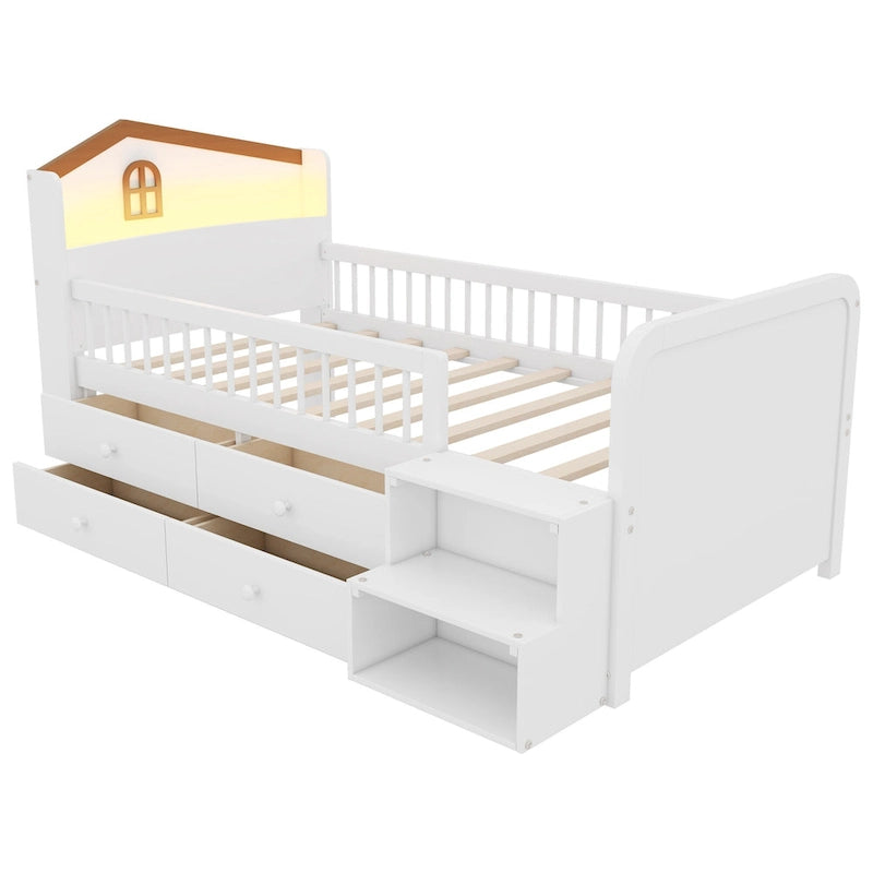Lit mezzanine bas avec lumières LED, lit mezzanine double en bois avec tête de lit en forme de maison, lit mezzanine enfant avec tiroirs de rangement