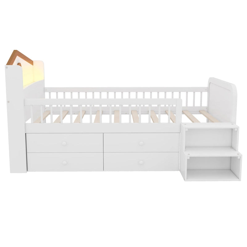 Lit mezzanine bas avec lumières LED, lit mezzanine double en bois avec tête de lit en forme de maison, lit mezzanine enfant avec tiroirs de rangement