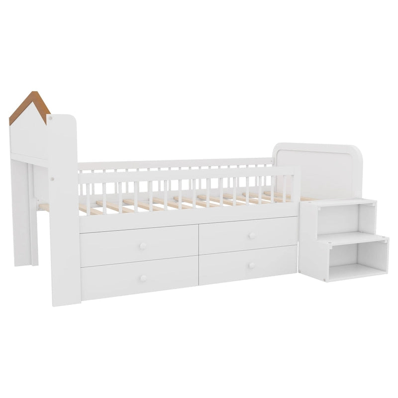 Lit mezzanine bas avec lumières LED, lit mezzanine double en bois avec tête de lit en forme de maison, lit mezzanine enfant avec tiroirs de rangement