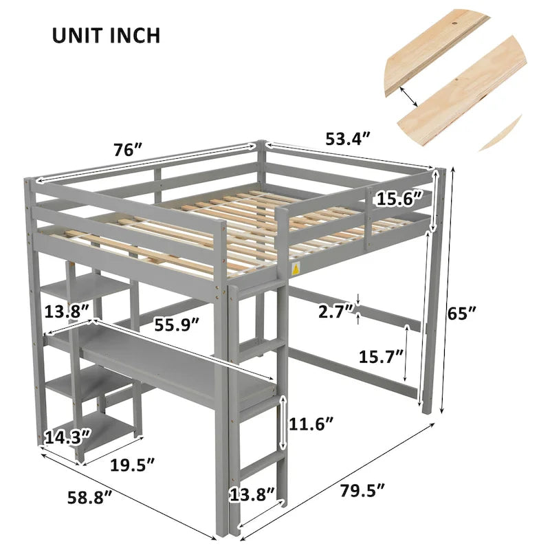 Lit mezzanine double avec bureau, étagères et échelle