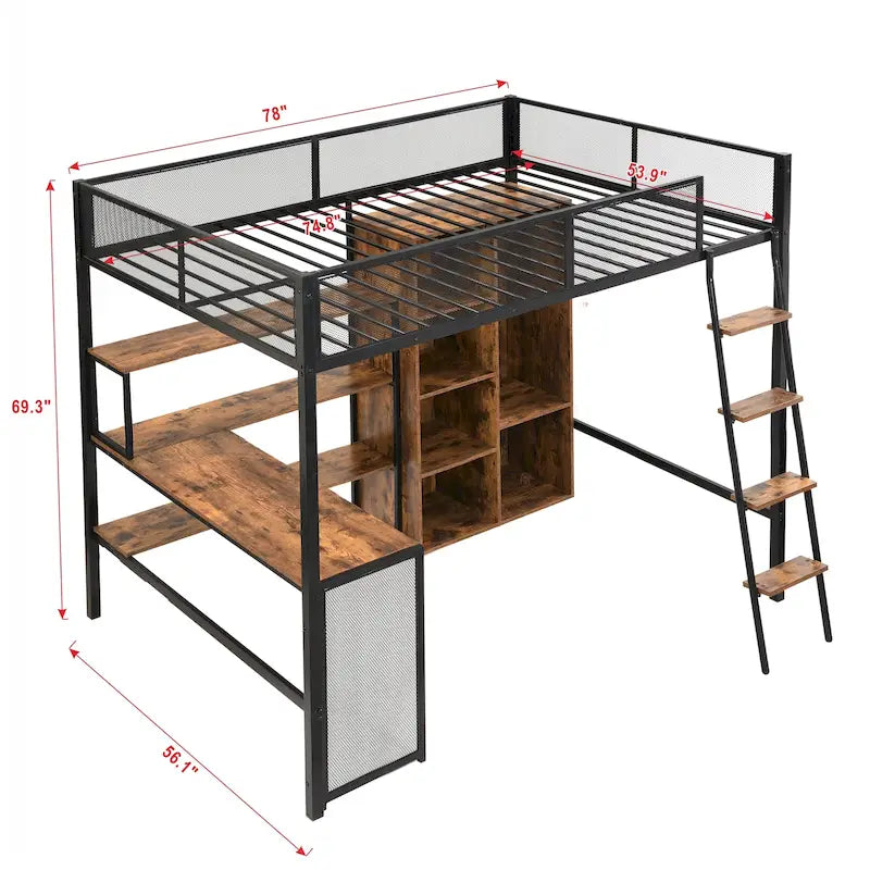 Lit mezzanine en métal pleine taille avec bureau intégré, armoire et étagères