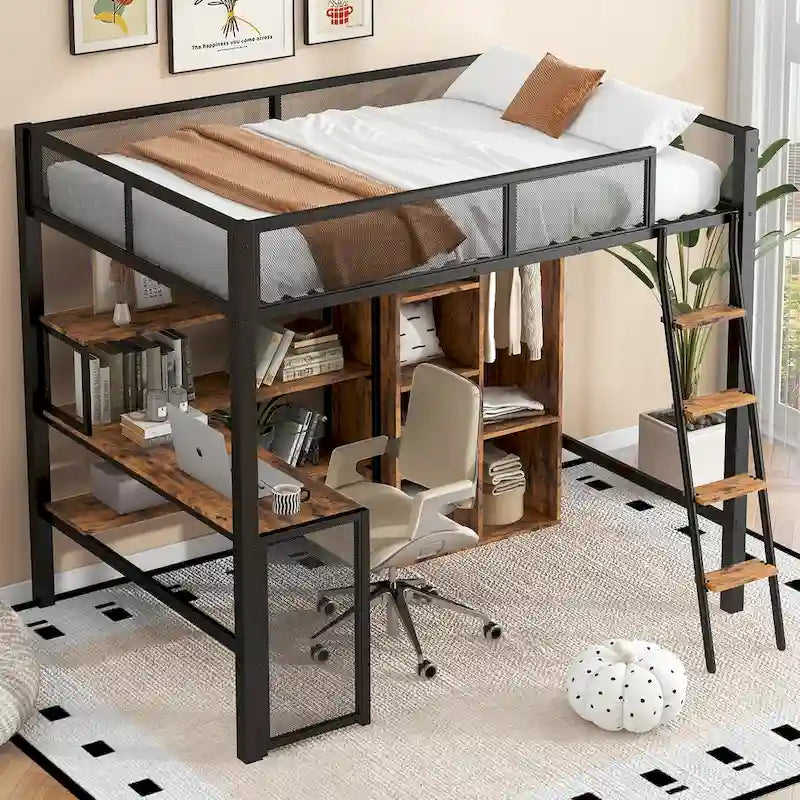 Lit mezzanine en métal pleine taille avec bureau intégré, armoire et étagères