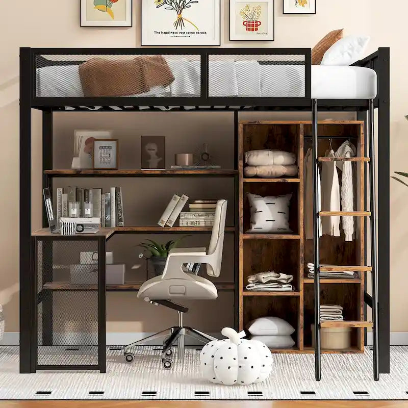 Lit mezzanine en métal pleine taille avec bureau intégré, armoire et étagères