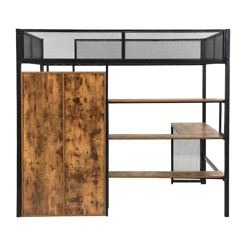 Lit mezzanine en métal pleine taille avec bureau intégré, armoire et étagères
