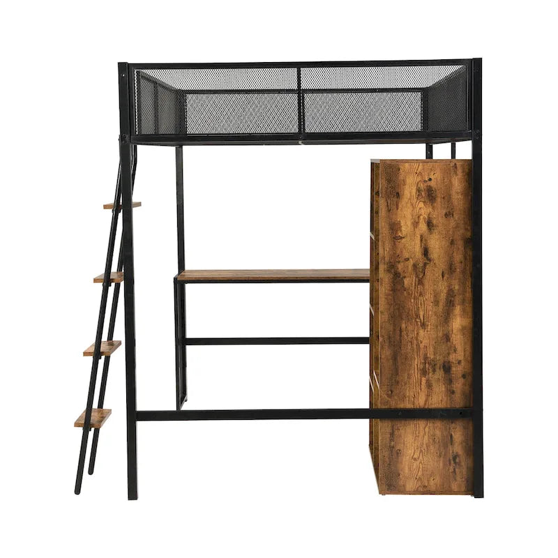 Lit mezzanine en métal pleine taille avec bureau intégré, armoire et étagères