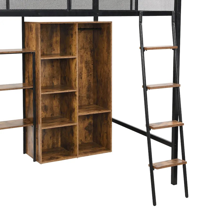 Lit mezzanine en métal pleine taille avec bureau intégré, armoire et étagères