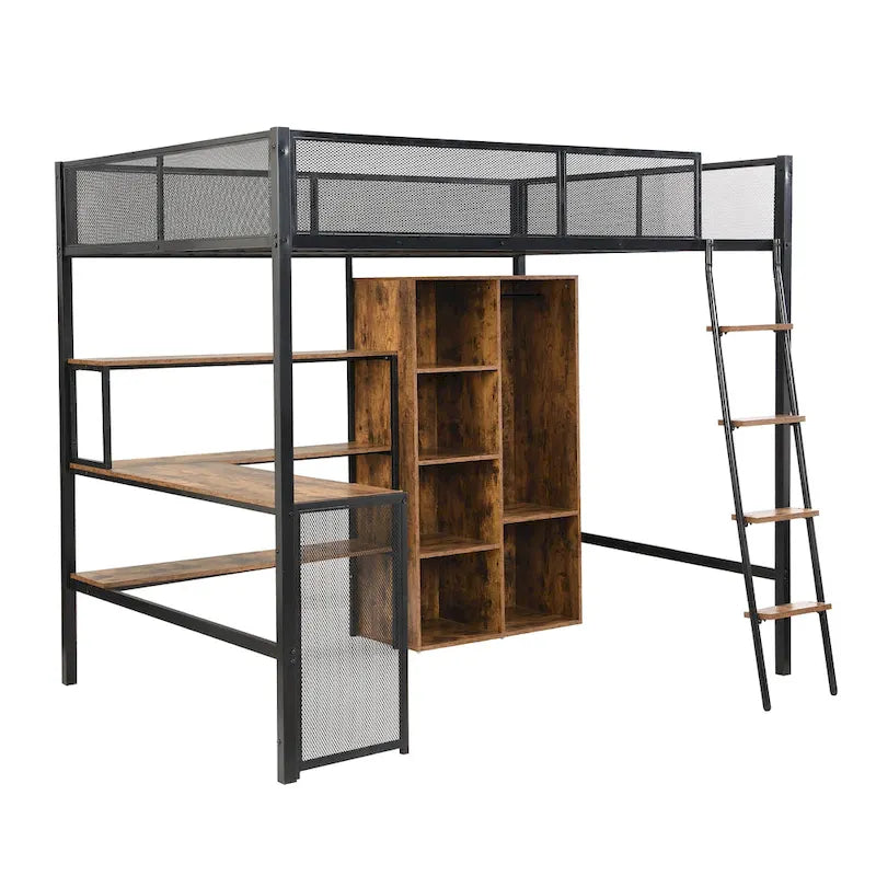 Lit mezzanine en métal pleine taille avec bureau intégré, armoire et étagères