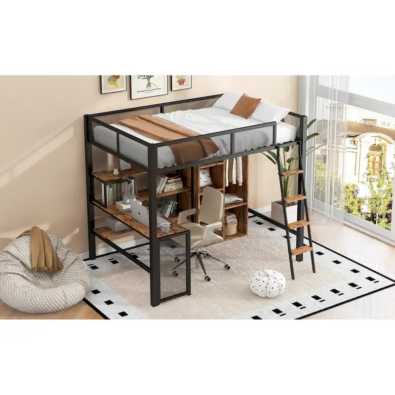 Lit mezzanine en métal pleine taille avec bureau intégré, armoire et étagères