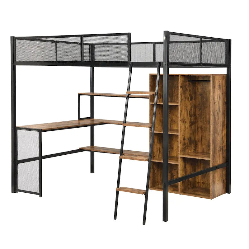 Lit mezzanine en métal pleine taille avec bureau intégré, armoire et étagères