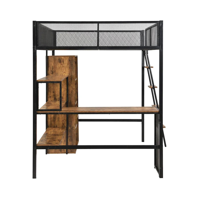 Lit mezzanine en métal pleine taille avec bureau intégré, armoire et étagères