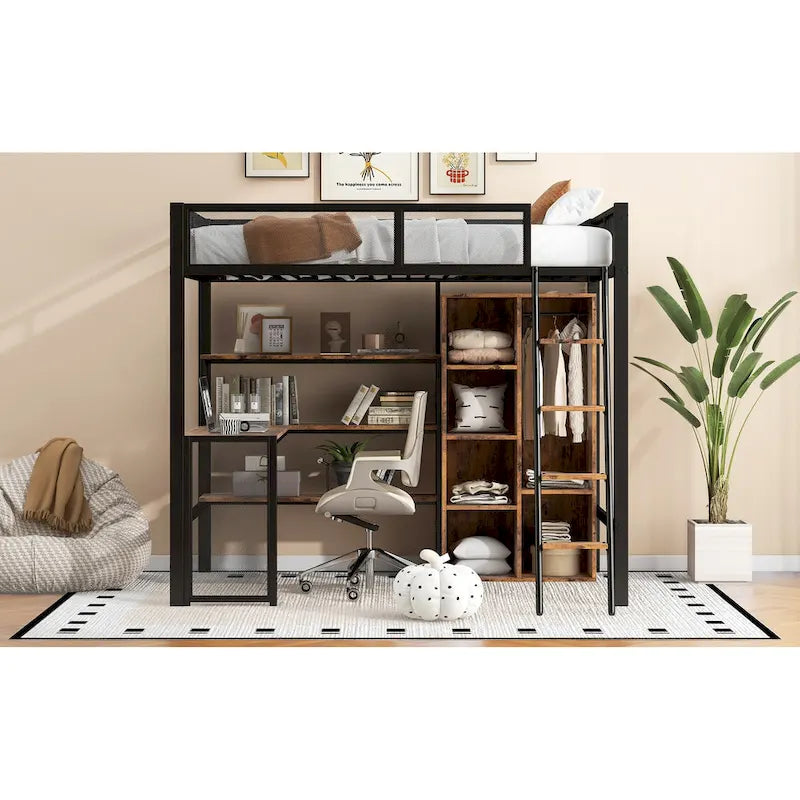 Lit mezzanine en métal pleine taille avec bureau intégré, armoire et étagères