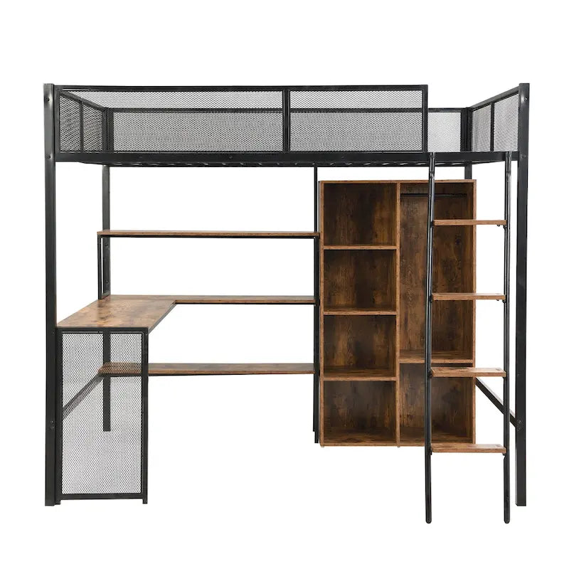 Lit mezzanine en métal pleine taille avec bureau intégré, armoire et étagères