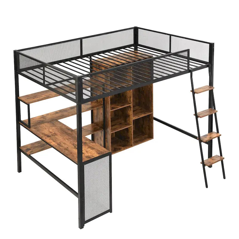 Lit mezzanine en métal pleine taille avec bureau intégré, armoire et étagères