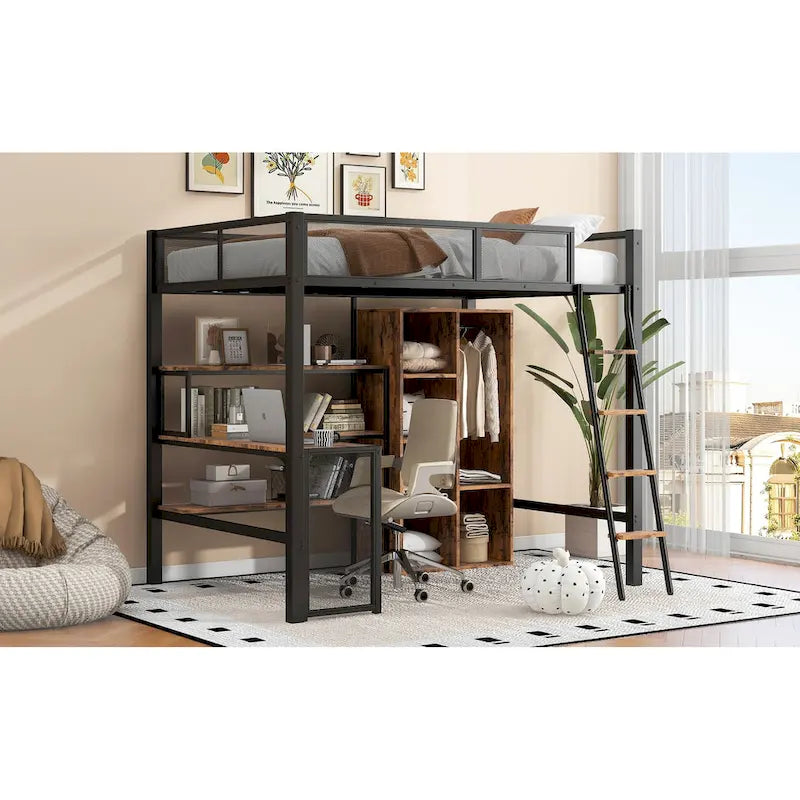 Lit mezzanine en métal pleine taille avec bureau intégré, armoire et étagères