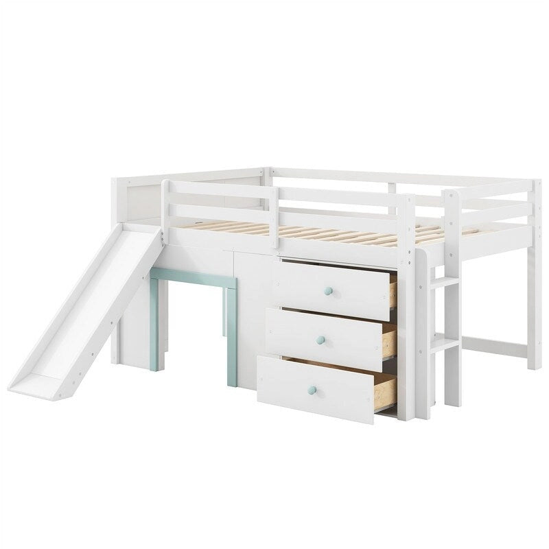 Lit mezzanine pleine grandeur avec toboggan et 3 tiroirs de rangement, Cadre de lit mezzanine en bois massif avec 2 portes, échelle et garde-corps