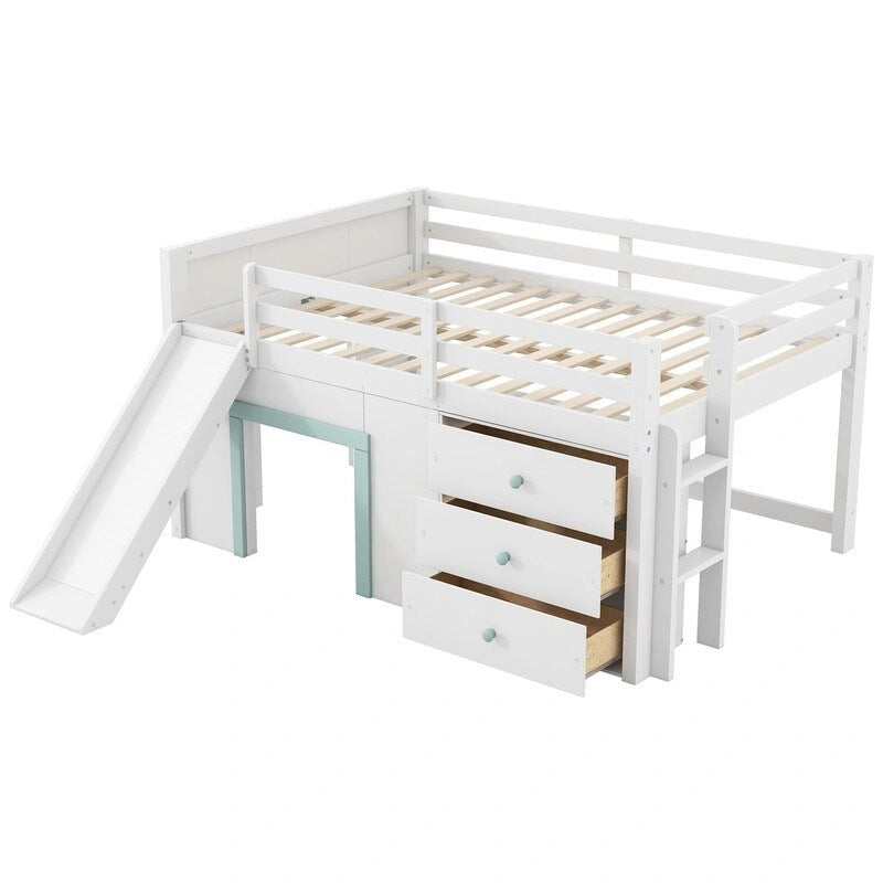 Lit mezzanine pleine grandeur avec toboggan et 3 tiroirs de rangement, Cadre de lit mezzanine en bois massif avec 2 portes, échelle et garde-corps