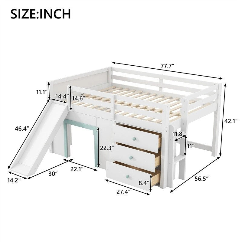 Lit mezzanine pleine grandeur avec toboggan et 3 tiroirs de rangement, Cadre de lit mezzanine en bois massif avec 2 portes, échelle et garde-corps