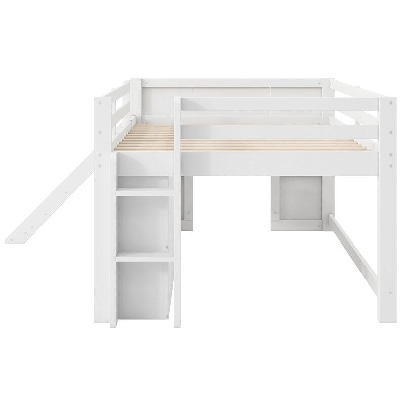 Lit mezzanine pleine grandeur avec toboggan et 3 tiroirs de rangement, Cadre de lit mezzanine en bois massif avec 2 portes, échelle et garde-corps