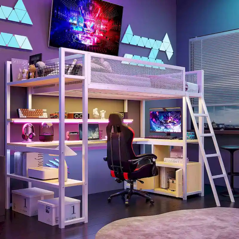 Lit mezzanine double en métal avec bureau à LED et rangements