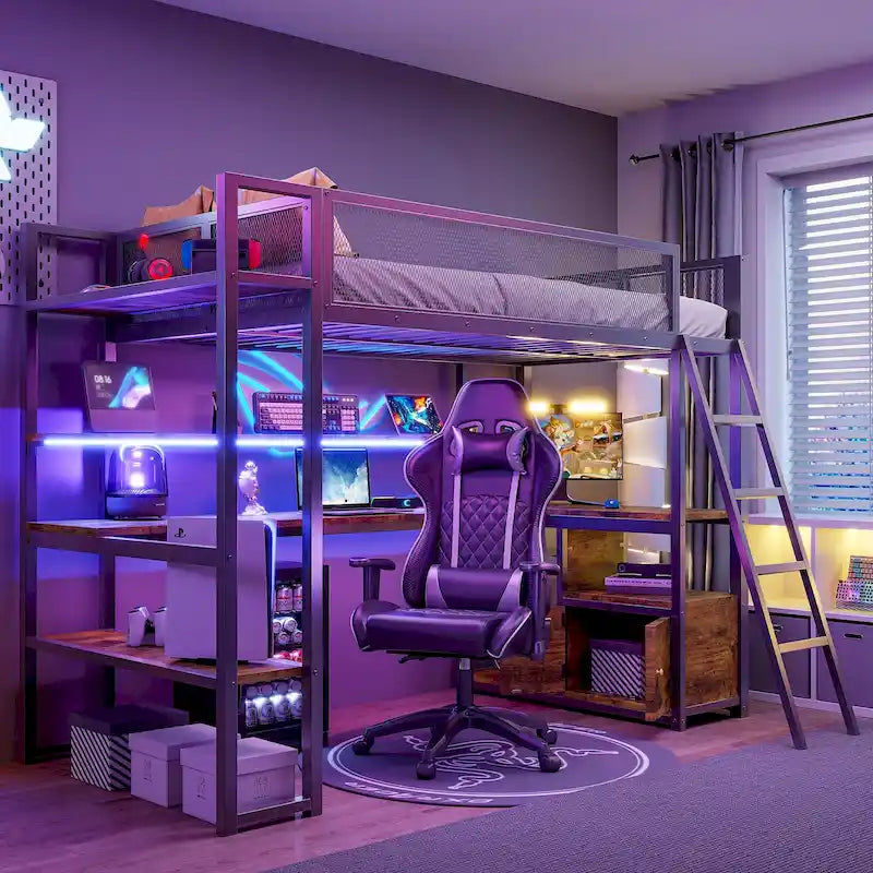 Lit mezzanine double en métal avec bureau à LED et rangements