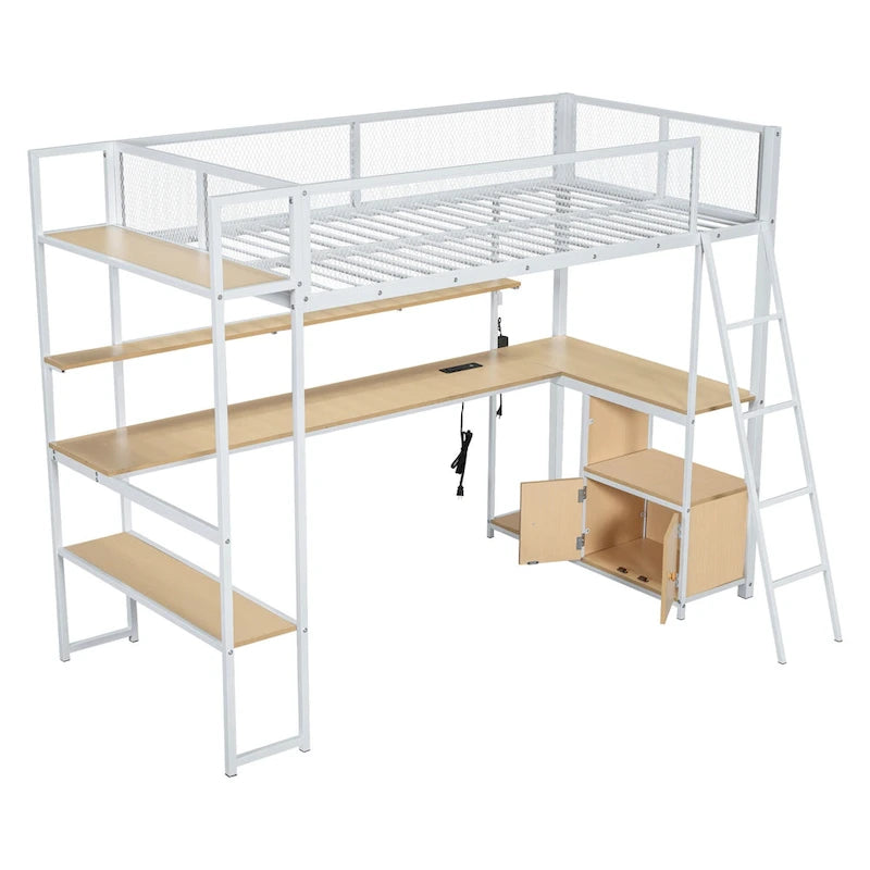 Lit mezzanine double en métal avec bureau à LED et rangements
