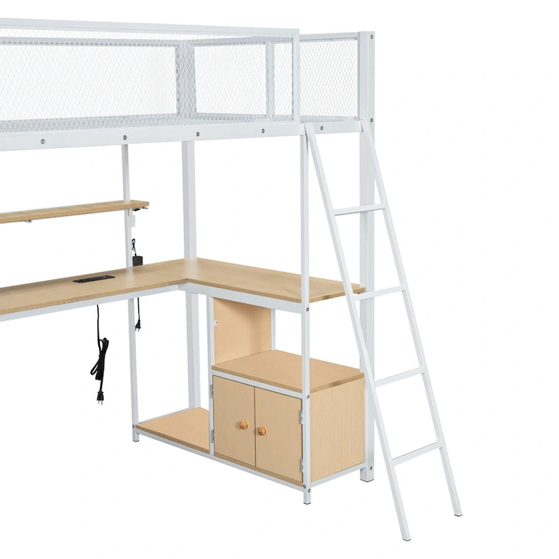 Lit mezzanine double en métal avec bureau à LED et rangements
