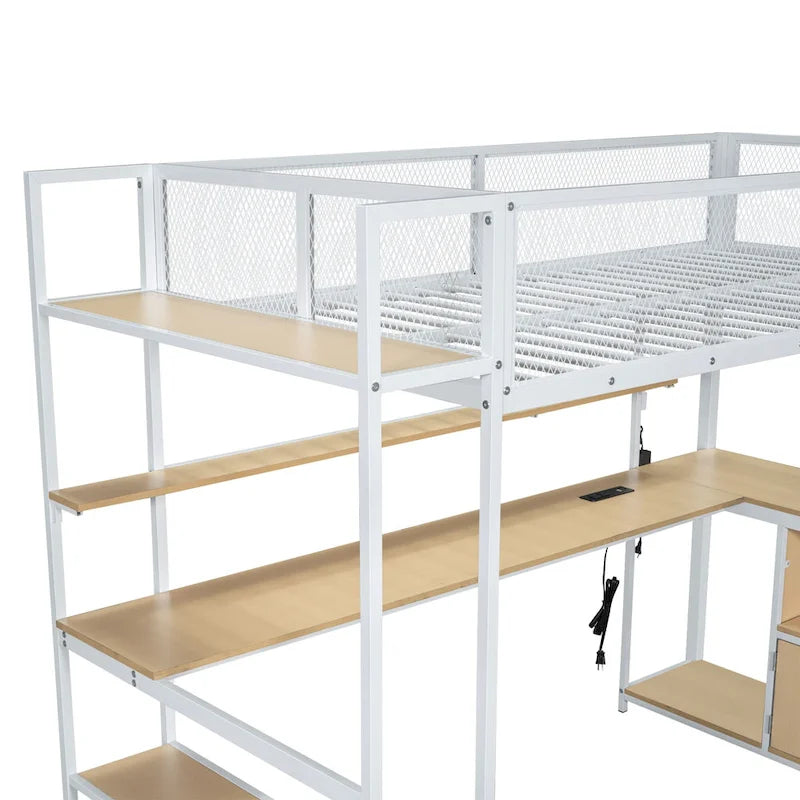 Lit mezzanine double en métal avec bureau à LED et rangements