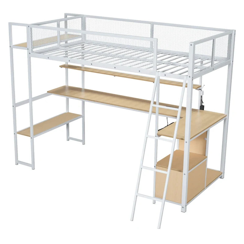 Lit mezzanine double en métal avec bureau à LED et rangements